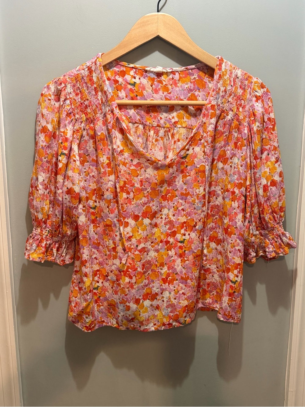 Floral Smocked Puff Sleeve Blouse - Pink & Orange Boho peasant top